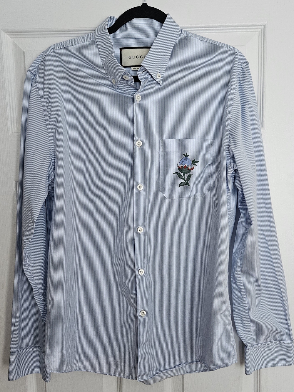 Gucci Light Blue Striped Button-Down Shirt with Chest Floral Embroidery.